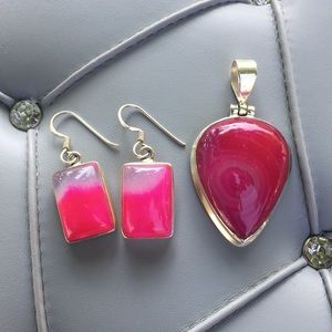 Pink agate fob and earrings
